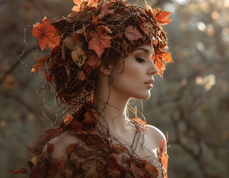 Suggestione di Autunno, busto di donna composto e ricoperto di foglie autunnali