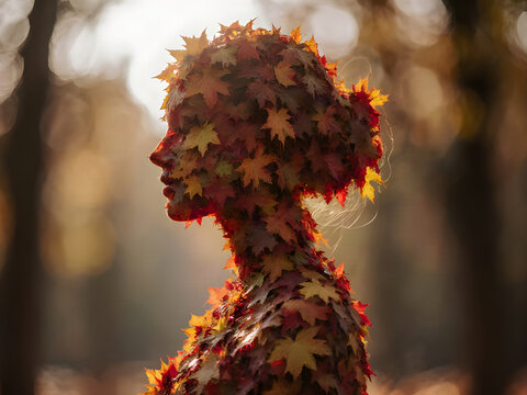 Suggestione di Autunno, busto di donna composto e ricoperto di foglie autunnali