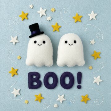Two cute little ghosts with a top hat and yellow stars saying boo for a fun and happy halloween celebration