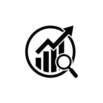Business Growth Data Analysis Icon with Bar Chart Upward Arrow and Magnifying Glass for Market Research