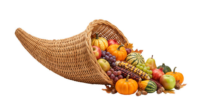 Traditional wicker cornucopia with autumn harvest, horn of plenty filled with pumpkins and fruits, thanksgiving celebration centerpiece isolated PNG with Transparent Background