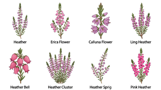 Set of eight detailed botanical vector illustrations featuring various heather species like Erica flower, Calluna, Ling, Heather bell, cluster, sprig, and pink heather. isolated on white background