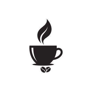 Simple Coffee Cup Icon with Steam Leaf and Coffee Beans Vector Illustration