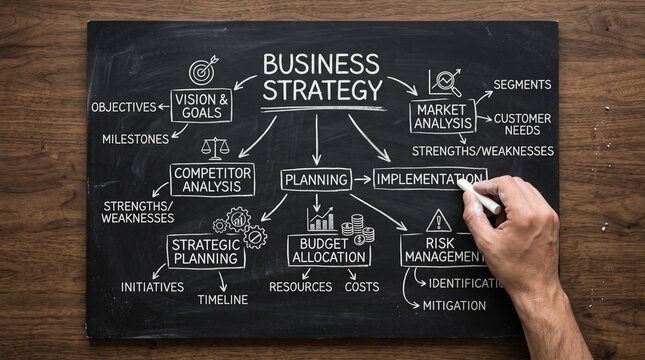 A business strategy diagram drawn on a chalkboard. The diagram outlines key elements such as vision and goals, market analysis, competitor analysis, planning, implementation, and risk management.