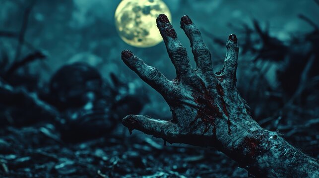 Bony pale hands of sexy woman vampire with sharp bloody red nails rising out from the ground,Halloween grave crosses,zombies at night,creepy hand coming out of the ground,halloween concept.
