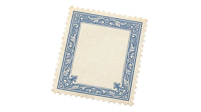 Vintage postage stamp with blue ornate border, blank antique mail sticker on white background, retro philately frame