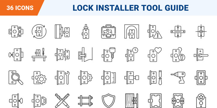 Lock Fitting Jig Web Icon Set in Linear Style. Collection of Door Hardware line icons, including jig frame, mortise guide, drill bit, door clamp, faceplate router, lock install.