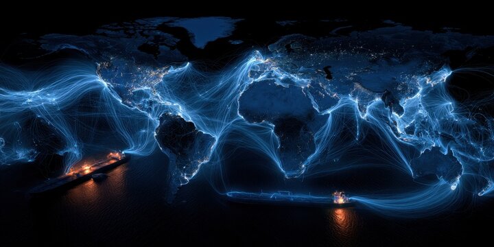 Global crude oil demand surge visualized by glowing pipelines and tanker routes across a dark world map, clean energy market concept
