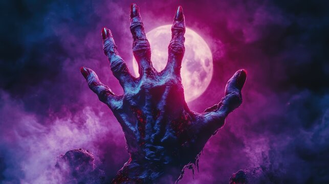 Bony pale hands of sexy woman vampire with sharp bloody red nails rising out from the ground,Halloween grave crosses,zombies at night,creepy hand coming out of the ground,halloween concept.