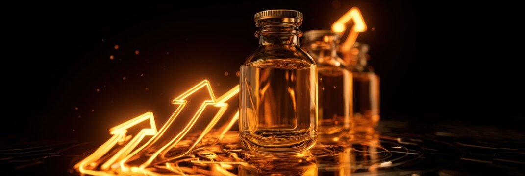 Fuel price surge visualization, liquid fuel becoming glowing upward arrows, sleek commercial finance composition