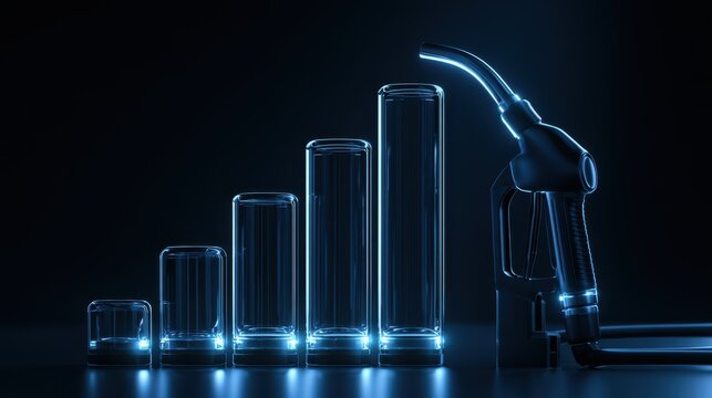 Fuel cost inflation, glowing pump handle beside ascending transparent cylinders, contemporary finance stock concept