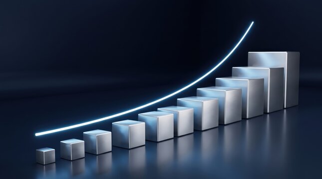 Ascending staircase with luminous exponential growth curve