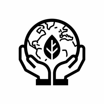Stylized black and white icon showing human hands gently cradling the Earth with a prominent leaf, signifying global environmental protection