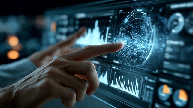 hand touching futuristic interface with glowing earth