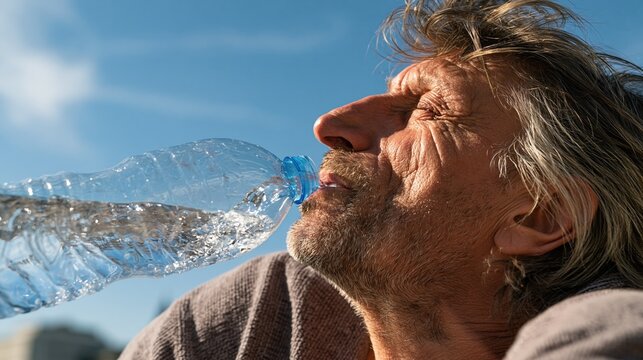 Close-up of a thirsty, weathered man drinking water from a plastic bottle in bright sunlight