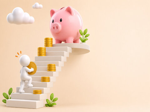 貯金箱を目指してコインを持ち階段を上る人物の3Dイラスト　貯蓄と資産形成
