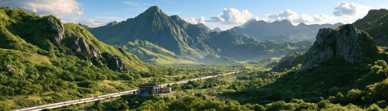 Pipeline crossing mountain valley with isolated shutdown station, oil supply disruption, expansive landscape, realistic detail