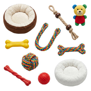 Colorful pet toy collection with plush beds and rope chews. Assorted dog accessories including rubber bones and squeaky balls. Puppy care essentials set. isolated PNG with Transparent Background