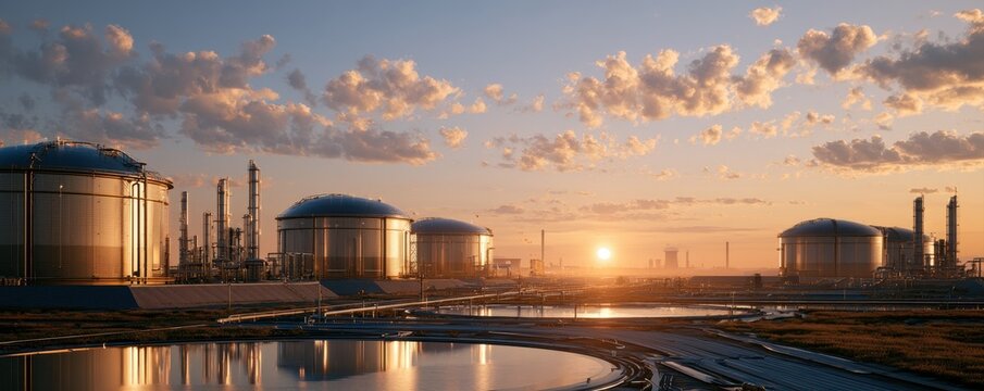 Oil storage terminal with low tank levels, supply disruption, sunrise glow, energy shortage concept, photorealistic