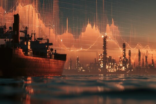 Oil tanker and refinery linked by volatile glowing price lines, crude market uncertainty, global energy supply concept, cinematic realism