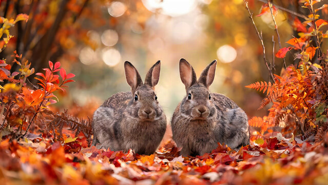 Autunno, coppia di lepri in un paesaggio autunnale