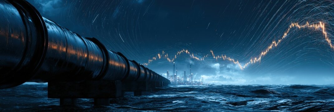 Oil pipeline extending toward a storm of digital price lines, petroleum volatility, global energy uncertainty, cinematic blue atmosphere