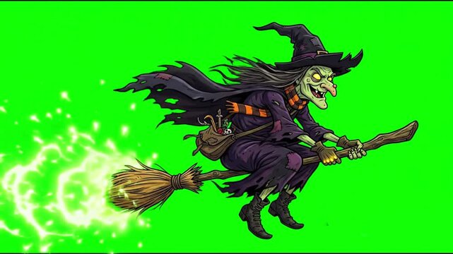 Cartoon witch flying on broomstick on a green screen background,chroma key