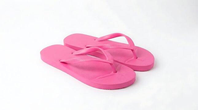 A pair of vibrant pink rubber flip flops isolated on a white background.