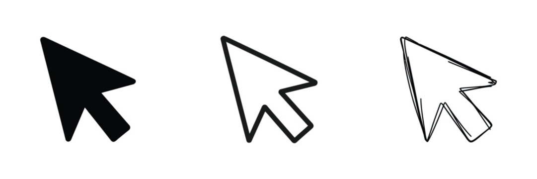 Computer mouse cursor pointer icon set in solid, outline, and hand-drawn sketch styles for digital interfaces, navigation, clicking, selection, and web design