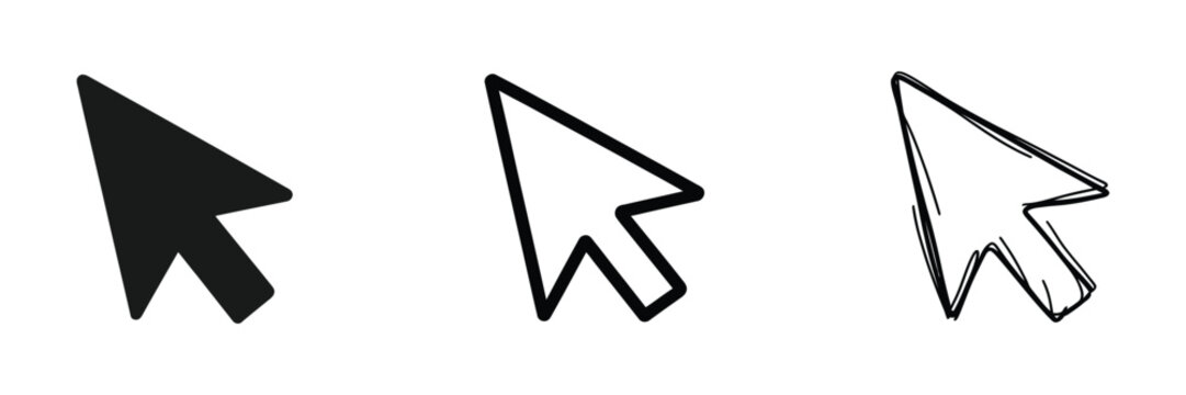 Computer mouse cursor pointer icon set in solid, outline, and hand-drawn sketch styles for digital interfaces, navigation, clicking, selection, and web design