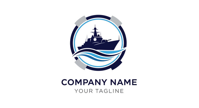 Modern navy ship logo design with waves and circular frame.