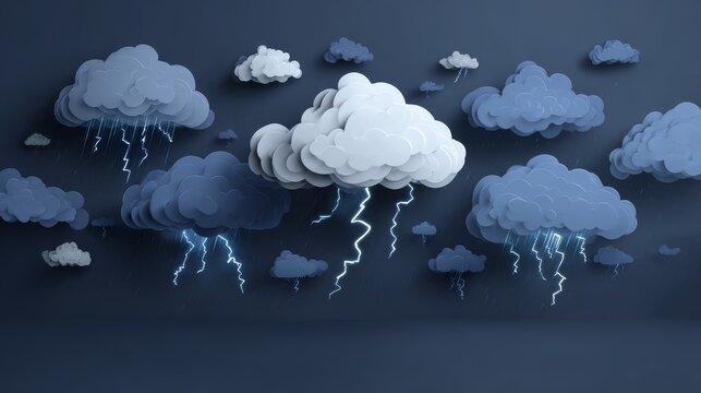 31.3d storm clouds. Render black blue white rain cloud with thunder lightning, storm rainy weather rainstorm thunderstorm cold season cartoon icons set, exact vector illustration original artwork