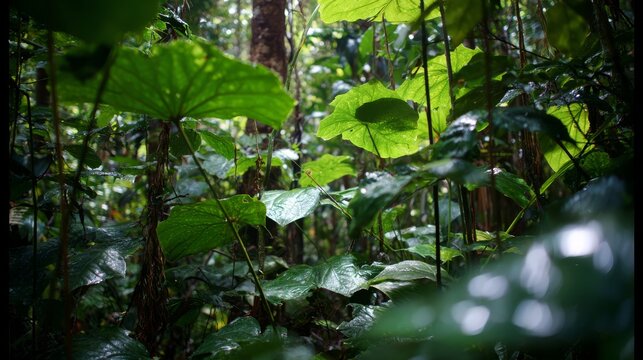 51.Close view of understorey plants beneath towering rainforest canopy, rich mix of leaf shapes and sizes, vines threading through stems, dark moist soil barely visible under foliage, shafts of soft
