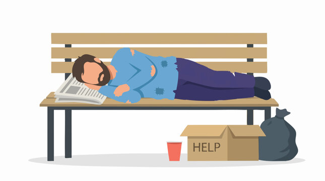 Homeless man sleeping on a park bench, depicting poverty and social issues
