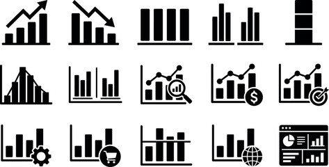 Obraz premium Set of black and white business graph icons representing financial growth market analysis data statistics and performance tracking for corporate reports