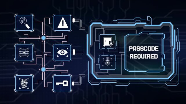 Futuristic cyber security login screen displaying passcode required security prompt, biometric verification and key access