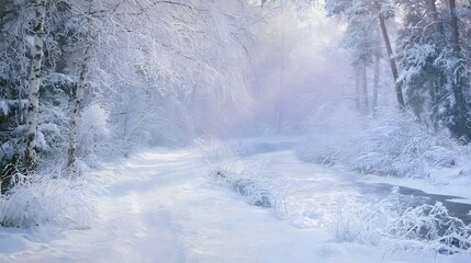 Obraz premium Serene winter landscape of a snow covered path winding through a frosty pine forest and icy river