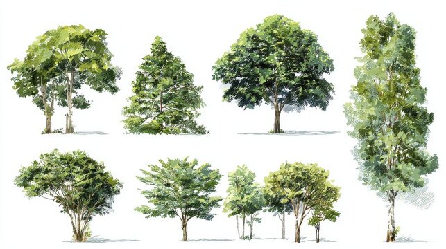 58.Set of big leafy trees with varied silhouettes, tall straight trunks and spreading crowns, lush green foliage captured in fine detail, isolated design elements with clean white backdrop, natural
