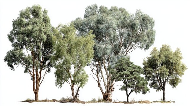 59.Group of tree cutouts featuring Black wattle species, graceful drooping leaf clusters, textured bark on visible trunks, full rounded canopy forms, separated on white background, ready-to-use