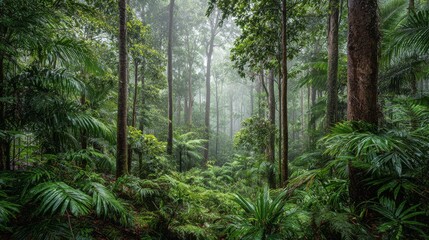 Fototapeta premium 64.Wide rainforest landscape dominated by thick greenery, young tree trunks and sprouting leaves, subtropical humidity visible as haze, tangled undergrowth of palms and broad leaves, soft rain from