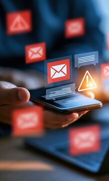 Overwhelmed by digital communication: A person holding a smartphone with numerous email and notification icons floating around