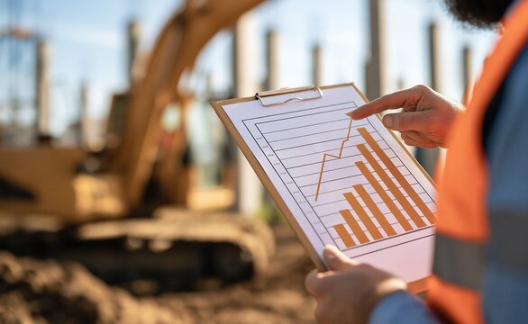 Construction worker reviewing project progress chart on clipboard at busy building site with heavy machinery