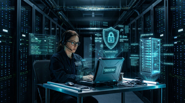 Security specialist monitors server farm encryption systems using rugged computer and holographic data security shields in server rack corridor.