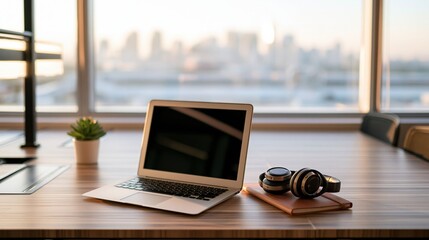 Fototapeta premium Modern Laptop and Headphones on Desk with Cityscape View