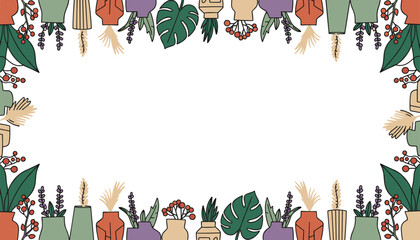 Fototapeta premium Floral and botanical decorative frame made of colorful vases, leafy plants, lavender, and berries on a white background for layout design.