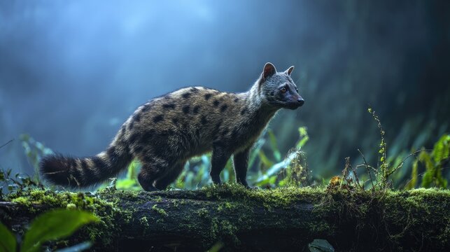 Wild African civet on mossy log in dim rainforest, spotted coat and dark face mask, wildlife and nature concept