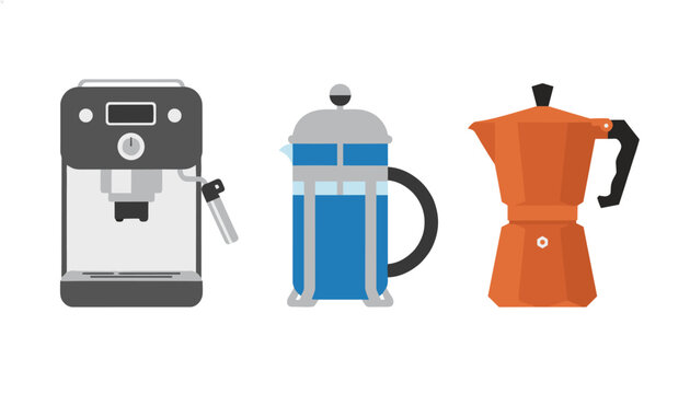 Selection of three coffee making appliances including a modern espresso machine, a French press, and a classic orange moka pot.