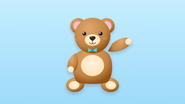 Cute cartoon teddy bears waving on blue background