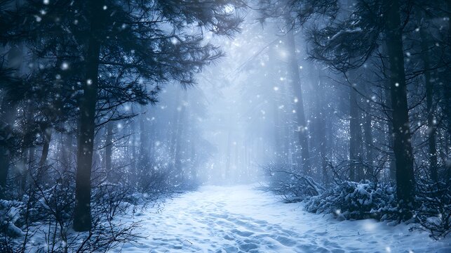Serene winter forest path winding through snow covered pines in misty morning light and soft blue tones
