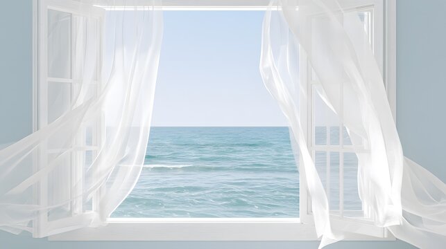 Serene coastal view of a tropical ocean through an open white window frame with flowing linen curtains
